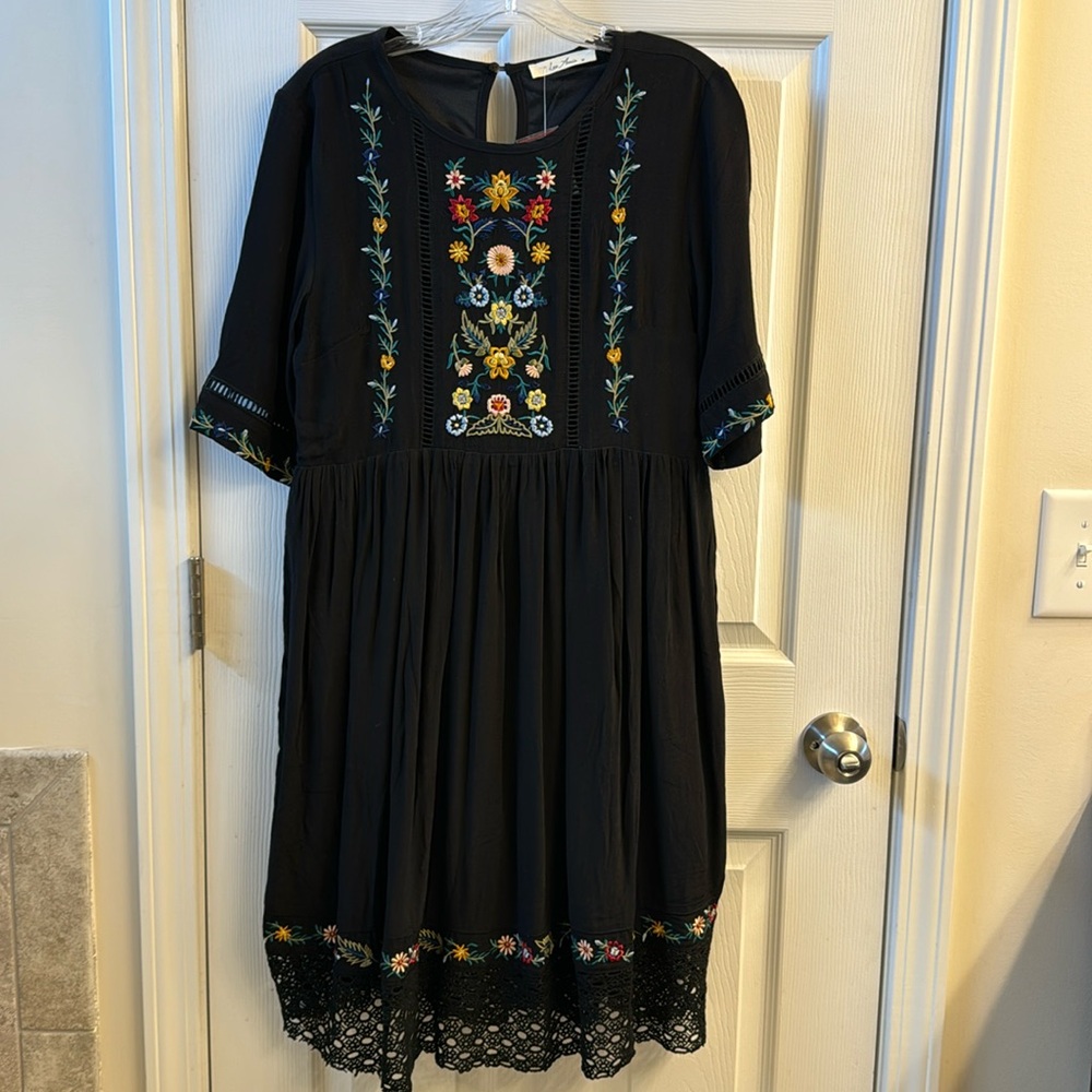 Black boho embroidered peasant dress